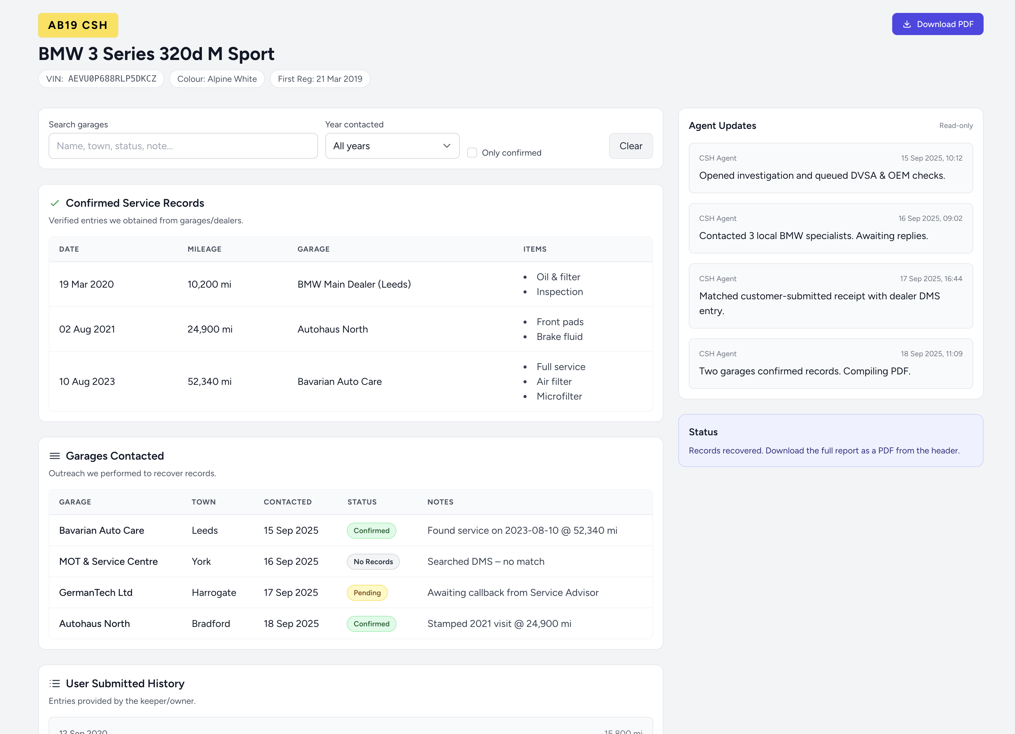 Demo service history report from CarServiceHistory.co.uk showing verified service entries, mileage timeline, and outreach log